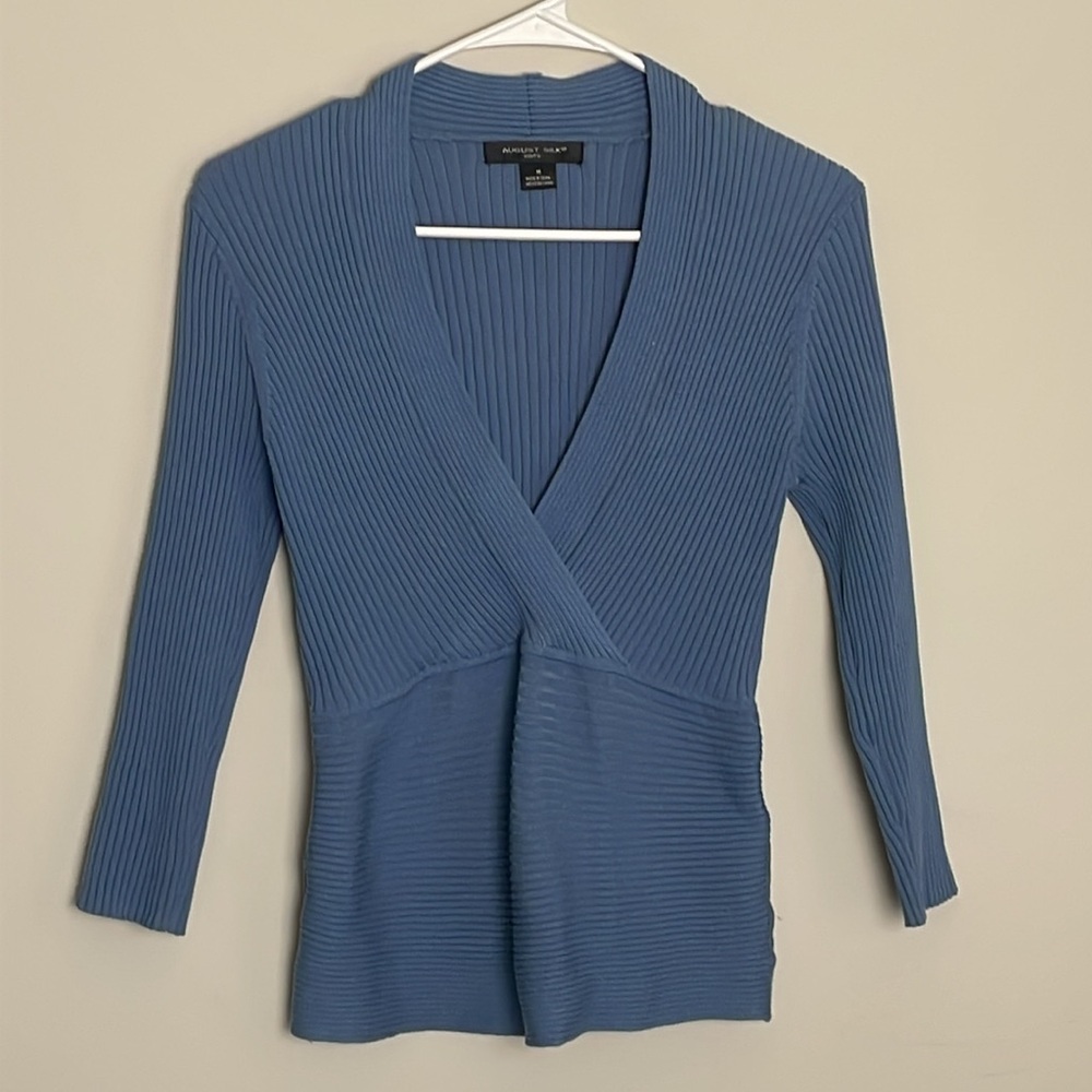 August Silk Knits Blue 3/4 Sleeve Faux Wrap Ribbed Sweater top- Medium